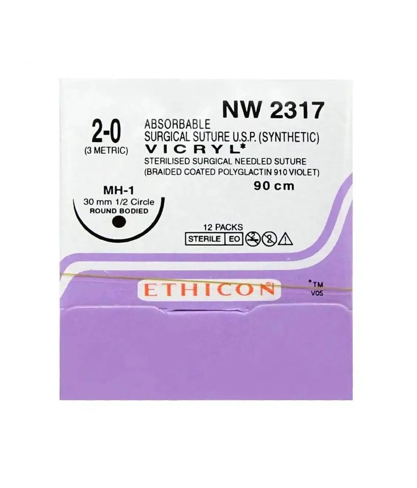 VP 2317 Ethicon Vicryl Absorbable Surgical Sutures (MH-1 30MM 1 2 Circle Round Bodied) Pack Of 12